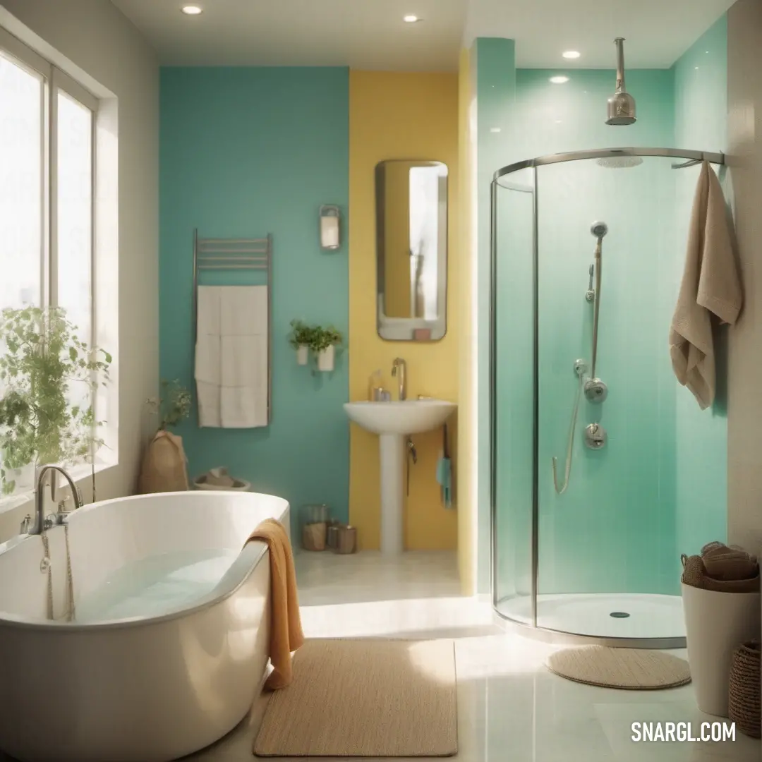 Bathroom with a tub, sink and shower in it's corner with a rug on the floor. Example of RGB 210,180,140 color.