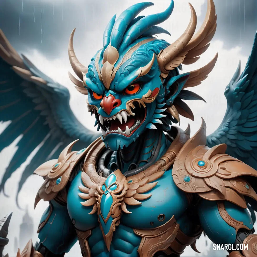 Blue demon with large horns and a large head with large wings on it's chest