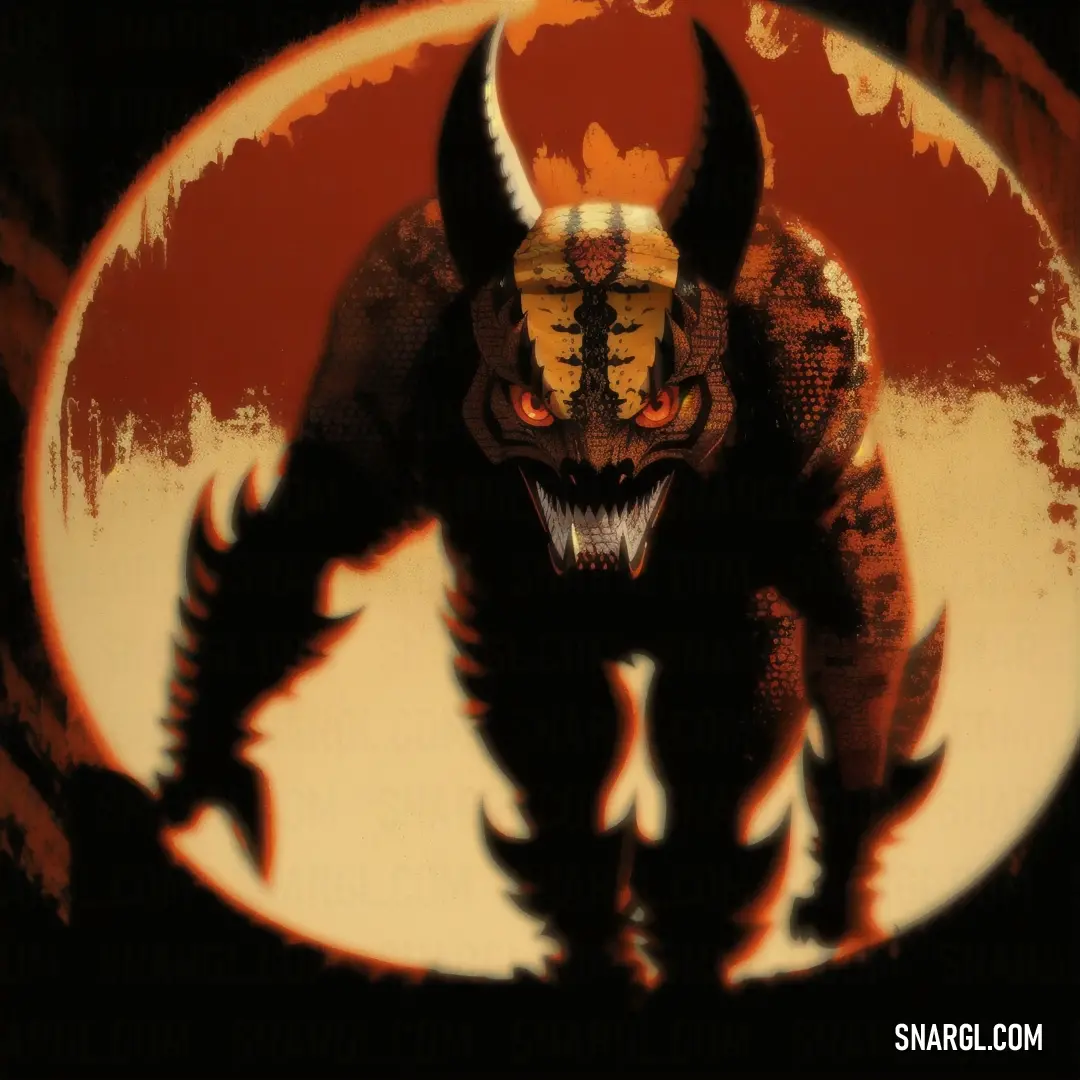 Demon with horns and a huge head with a red circle behind it and a black background