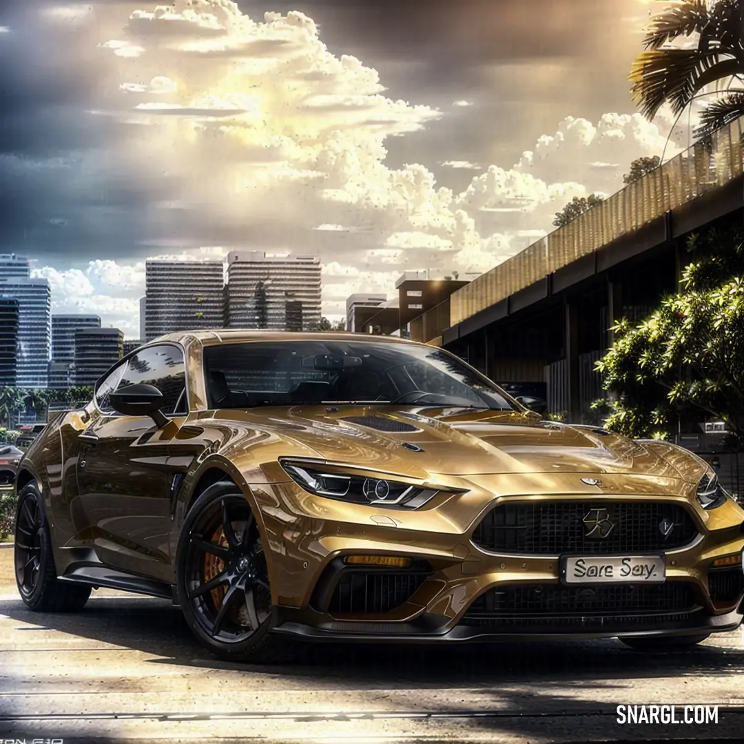 Gold sports car parked on the side of the road in front of a city skyline with clouds and buildings