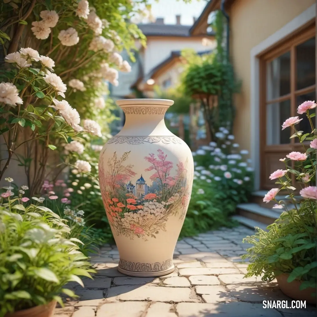 Tan color example: Vase on a brick walkway in a garden with flowers and plants around it and a house in the background