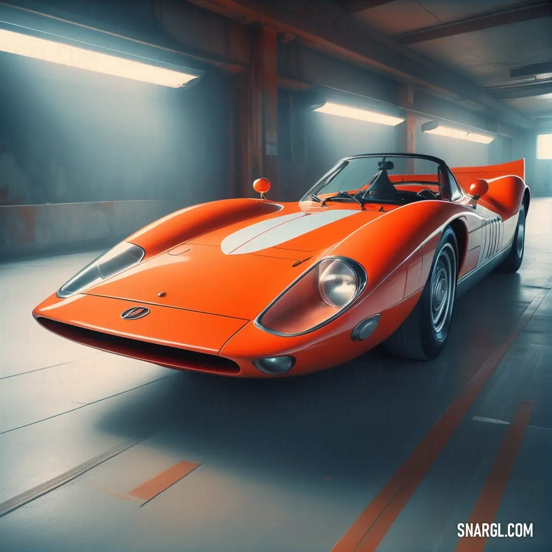 Car is shown in a garage with a light on it's side and a red sports car in the background. Example of #F94D00 color.