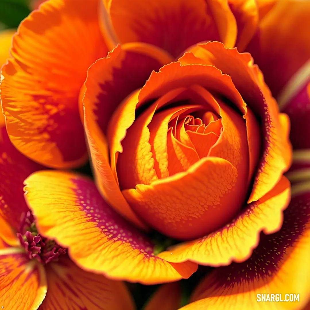 Close up of a flower with a lot of petals on it's petals and a green leaf. Example of #F94D00 color.