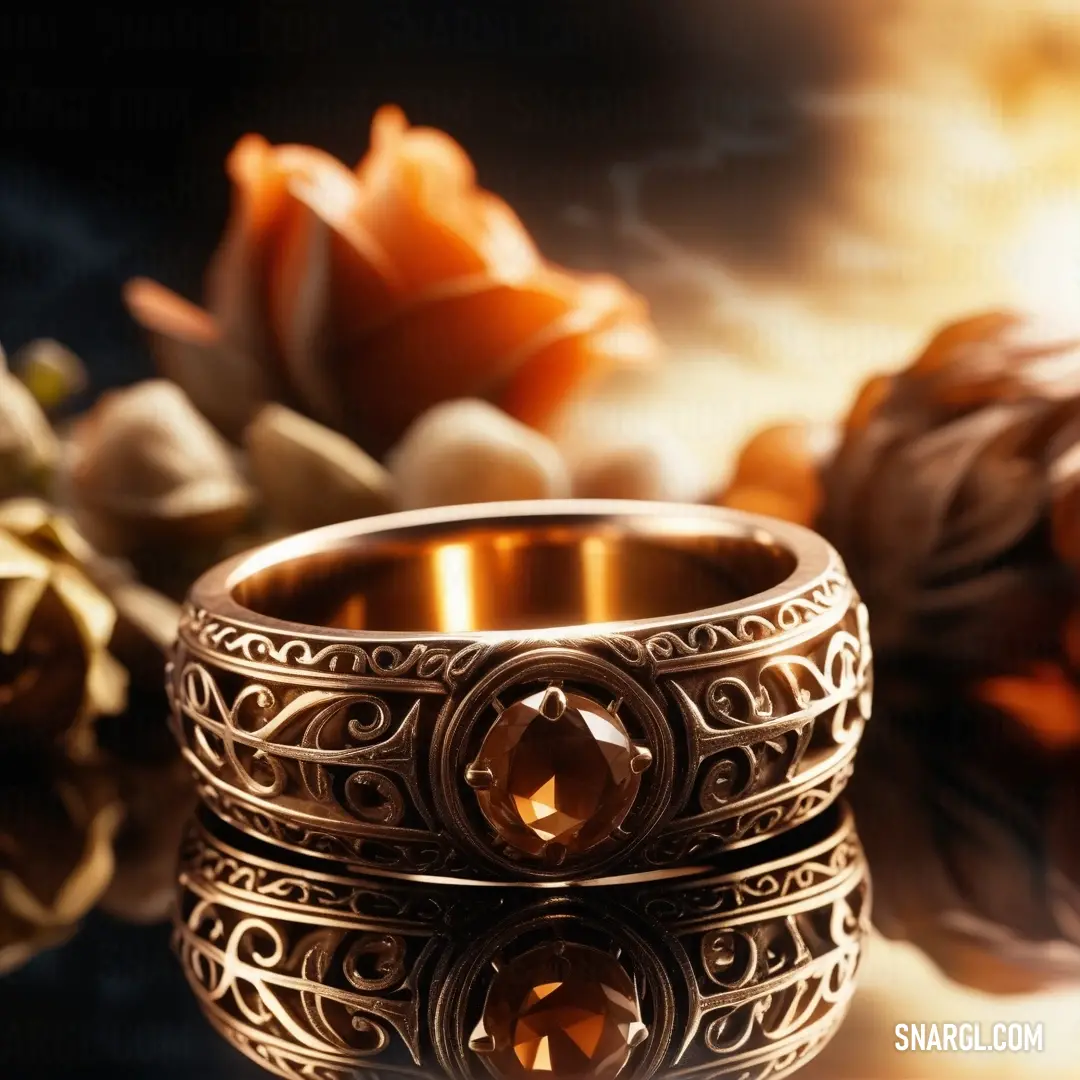 A close-up of a delicate ring rests atop a table, surrounded by soft floral elements. The colors within the image are infused with a warm and vivid hue, showcasing a perfect blend of nature and craftsmanship.