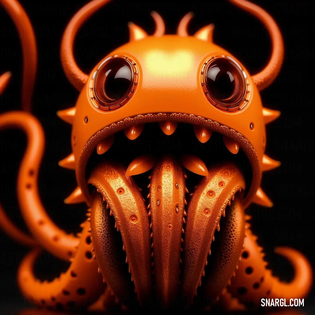 Close up of a toy octopus with big eyes and a mouth full of teeth and eyes, with a black background. Color Tangelo.