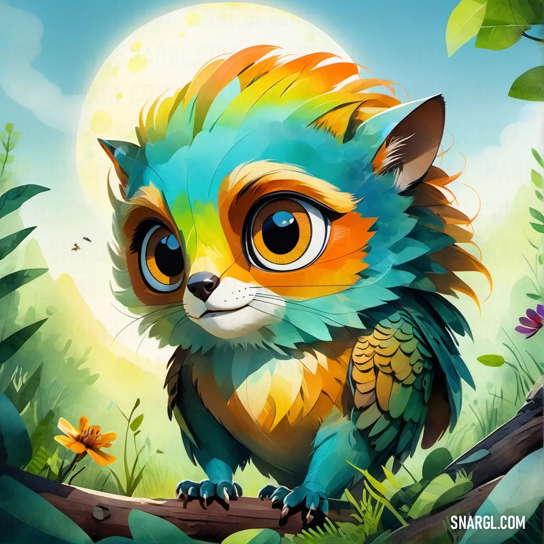 A vibrant, colorful creature perches gracefully on a branch, framed by the shimmering light of a full moon, enveloped by lush forest greenery, creating a magical connection between nature and nocturnal beauty.