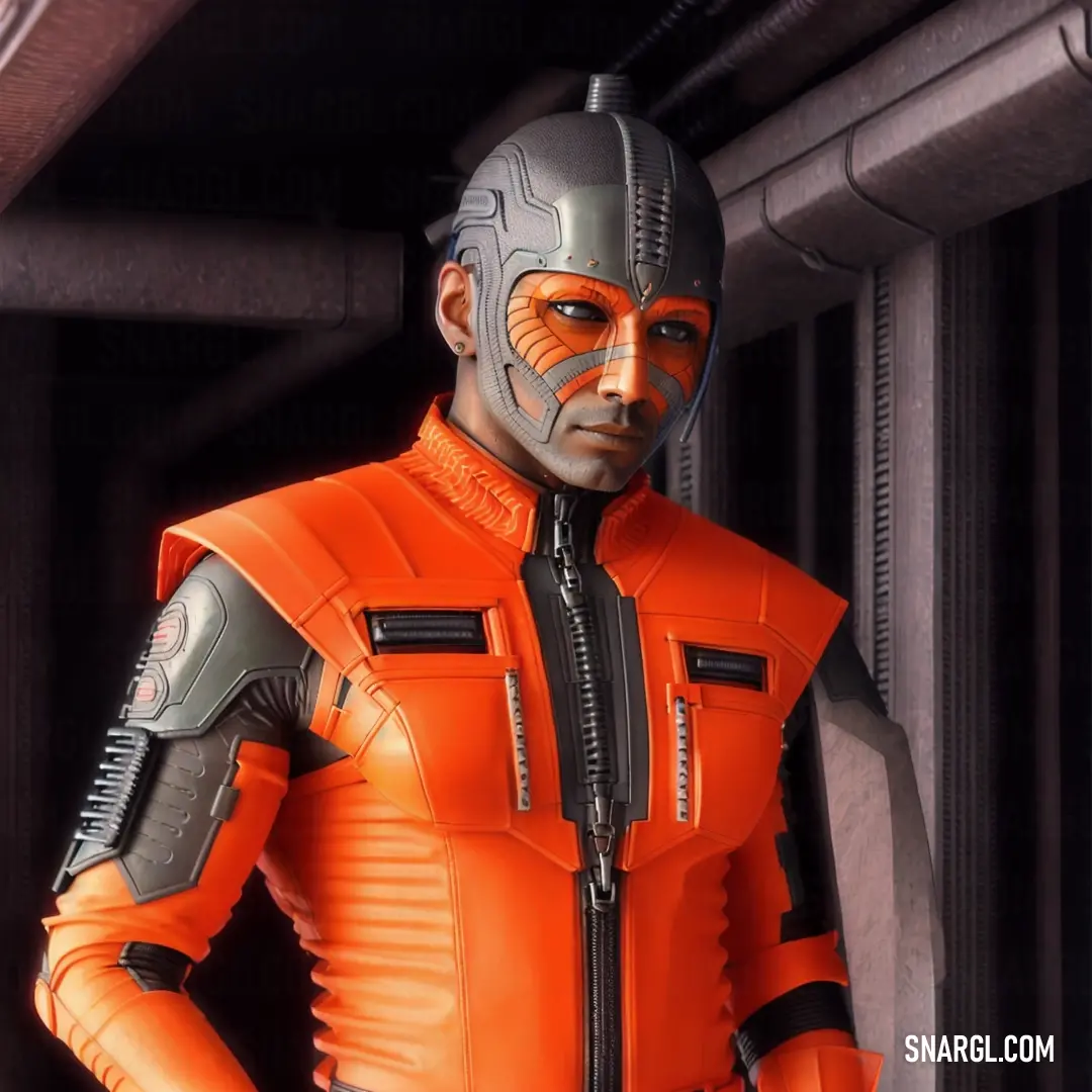 Man in a orange suit standing in a room with a metal structure behind him and a black helmet on. Example of Tangelo color.