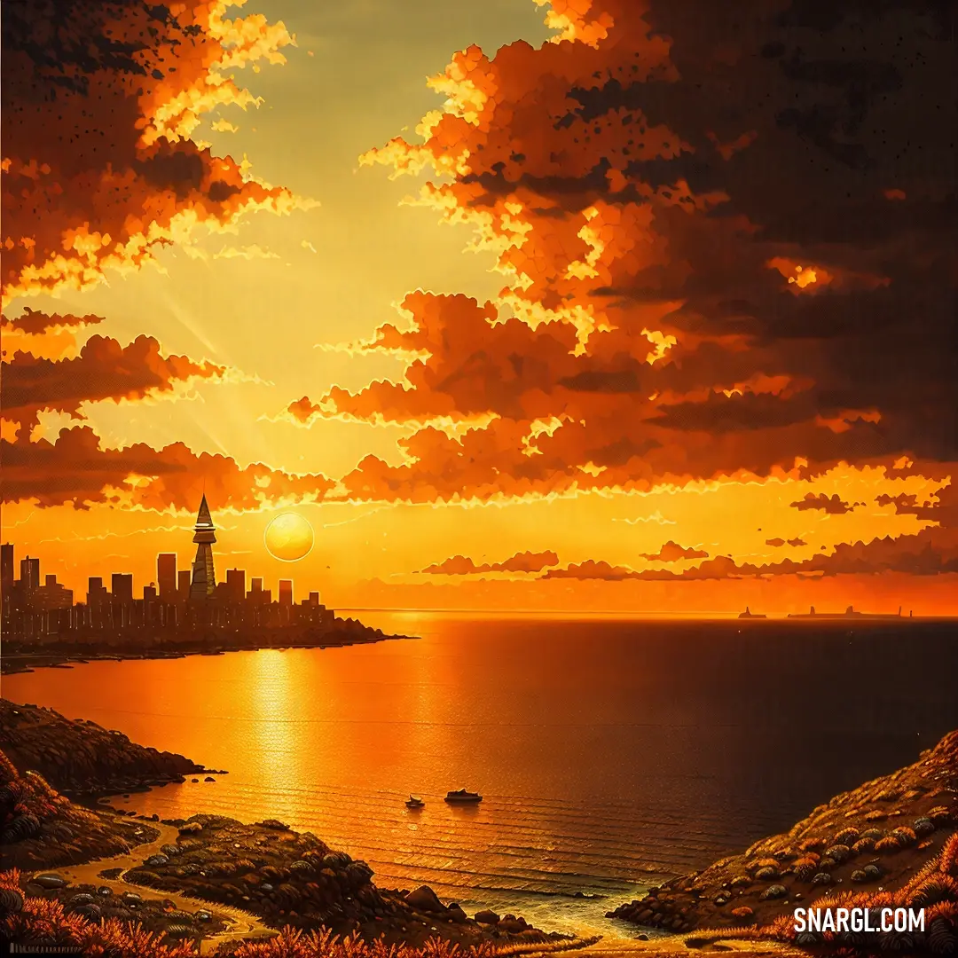 Painting of a sunset over a city and a body of water with a boat in the water. Color #F94D00.