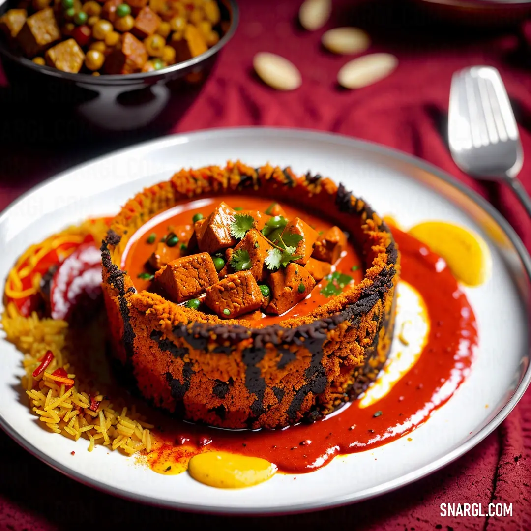 Plate of food with a red sauce and a bowl of food in the background with a spoon and fork