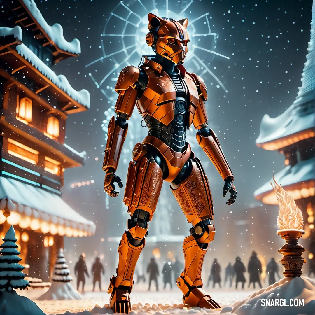 A vibrant robotic figure stands proudly in front of a grand building blanketed by pure white snow, as colorful fireworks light up the night sky, adding an air of celebration and wonder to the scene.