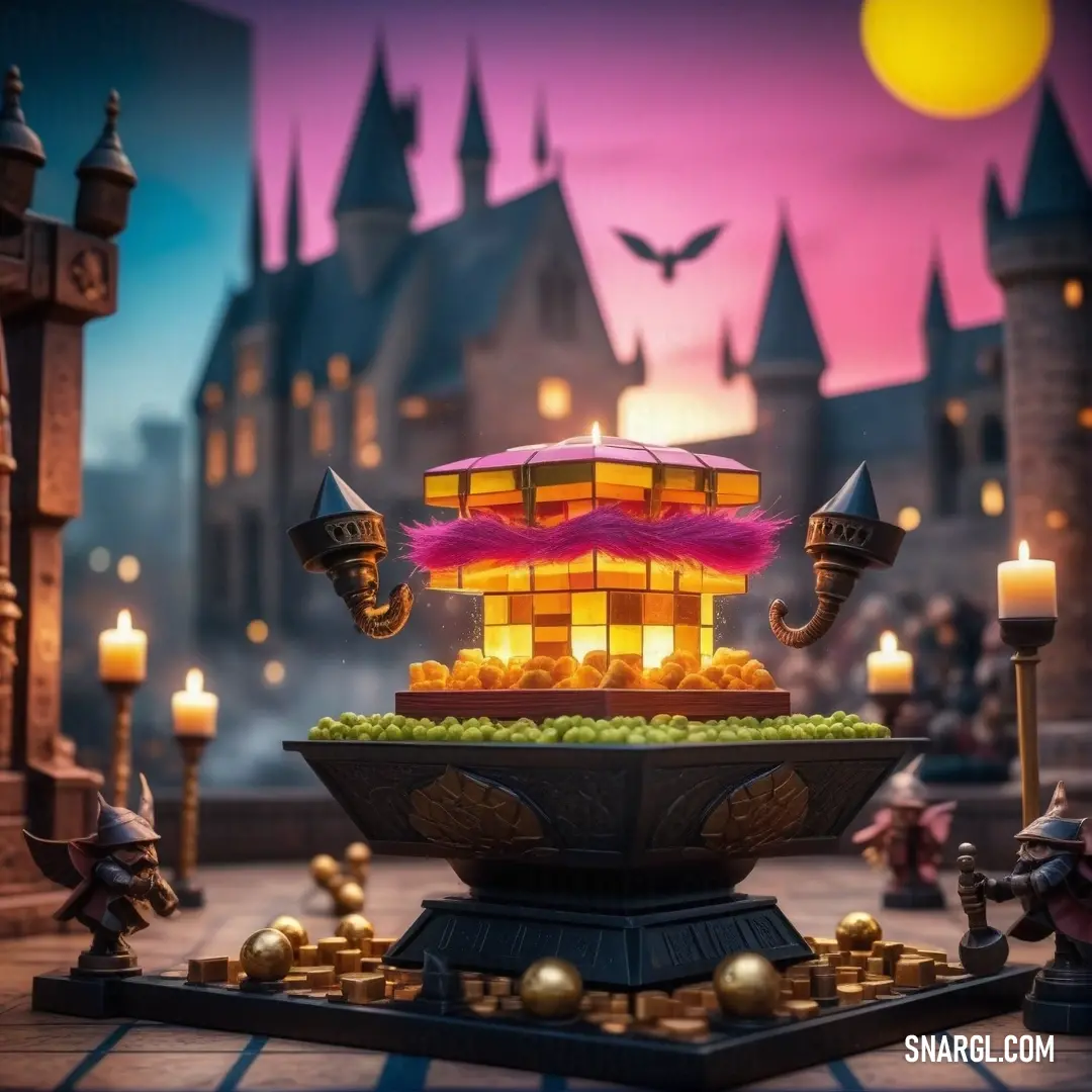 A whimsical scene of a castle adorned with a playful fake pink mustache on top, showcasing the bold tangelo color. The fun addition of the mustache adds a humorous touch to the otherwise majestic structure.