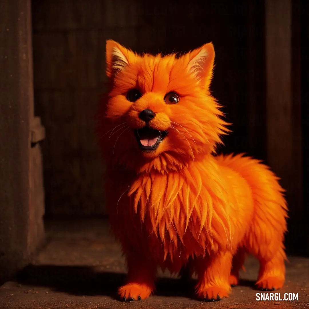 Small orange furry dog standing on a floor next to a door and a wall with a light on