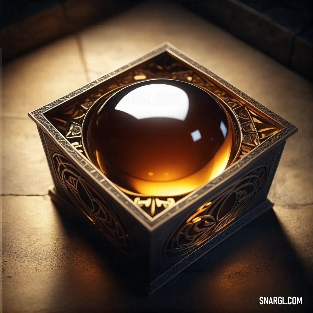 A warm brown object placed inside a box on a table, bathed in soft light, casting a deep shadow on the floor beneath. The vivid orange hue (RGB 249,77,0) contrasts with the surrounding simplicity, making it stand out against the minimalist setting.