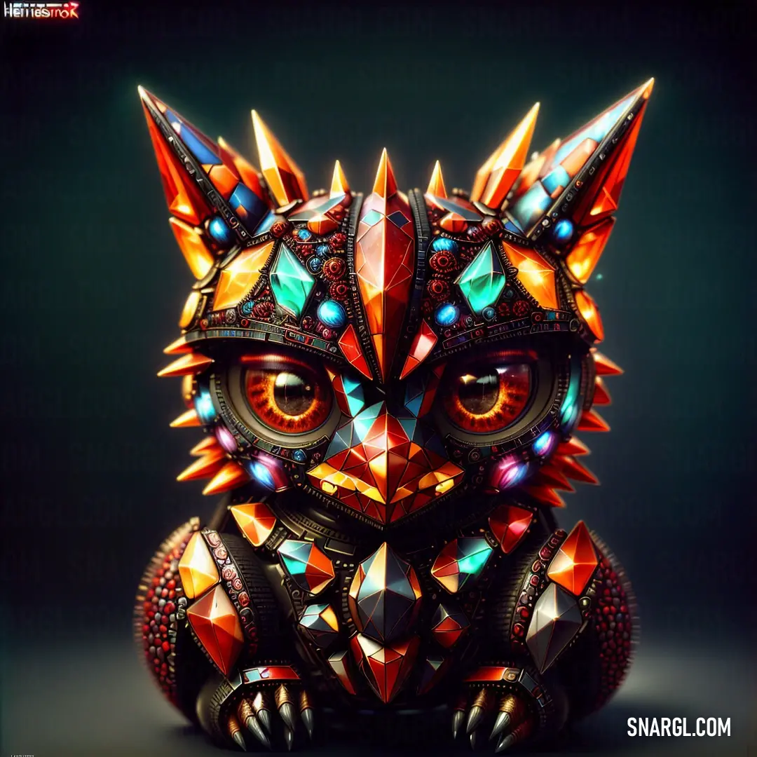 A colorful jewel-encrusted cat against a striking black background. The bright array of jewels glimmers in the light, with the tangelo color dominating its design, creating a bold and dramatic visual contrast.