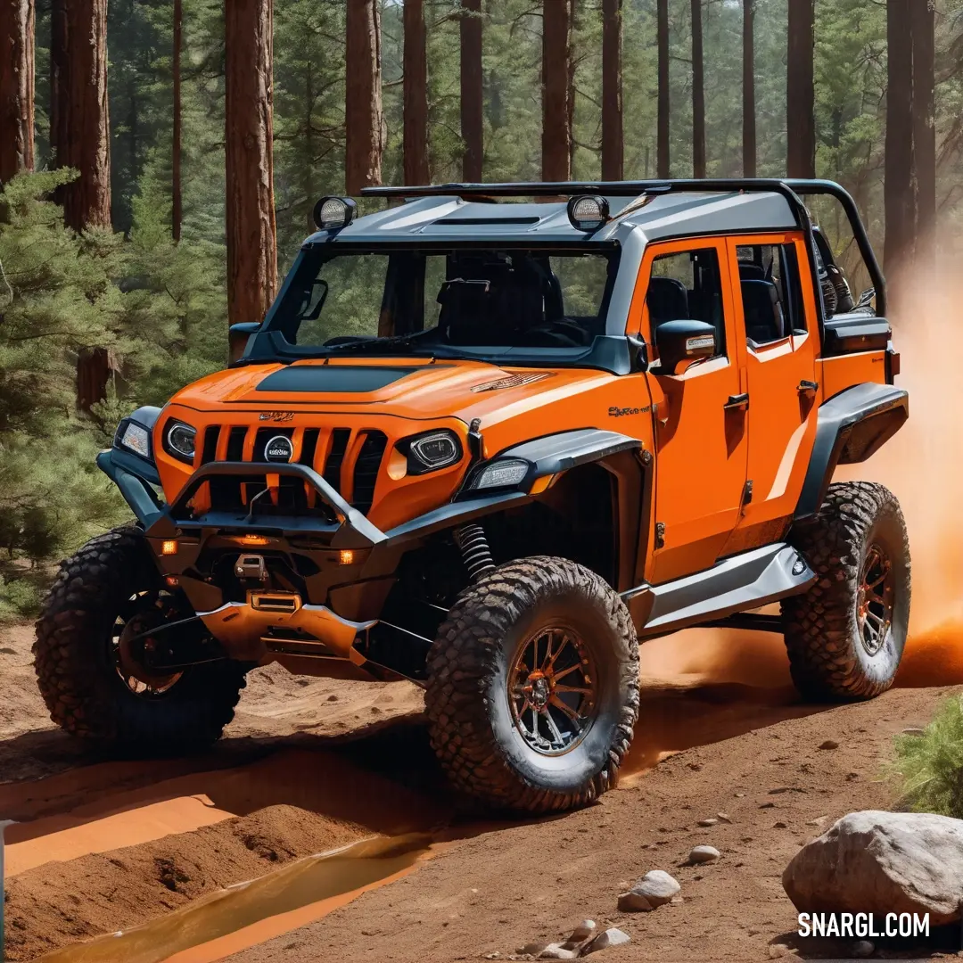 A rugged jeep drives along a dirt road through a forested landscape, with towering trees in the background. The vehicle’s bright orange hue, represented by RGB 249,77,0, stands out as it navigates the rough terrain, showcasing strength and adventur