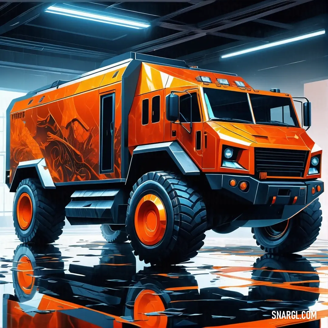 A large orange truck sits parked in a spacious garage, next to a full-length mirror resting on the floor. The industrial space is illuminated by soft lighting, highlighting the rich tangelo hue of the truck. The scene evokes a sense of bold energy and mod