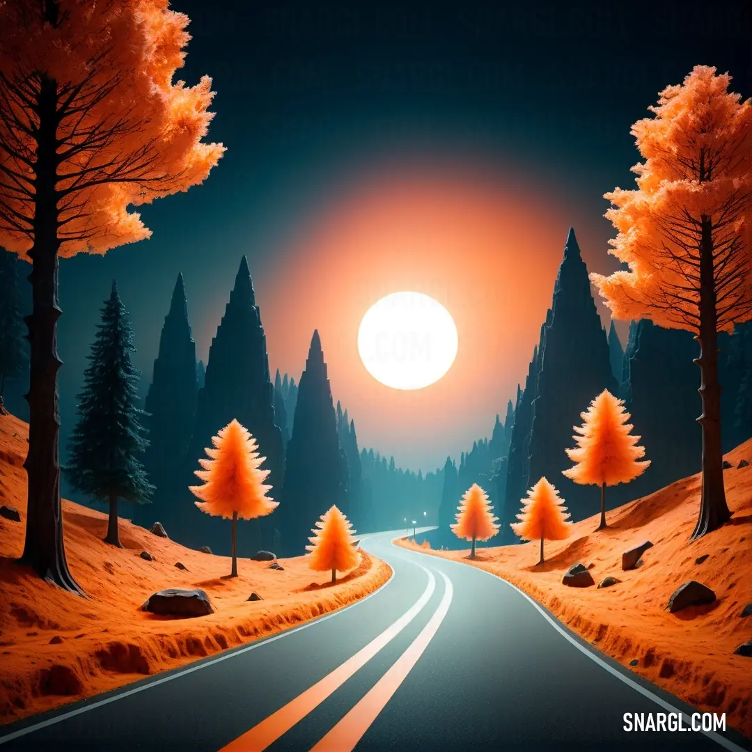 Painting of a road with trees and a sun in the background. Example of CMYK 0,69,100,2 color.