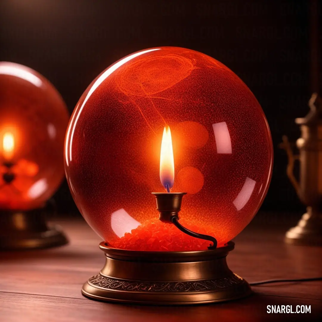 A vibrant red candle rests inside a glass sphere on a table, its flame casting a gentle glow. Surrounding the candle are various objects, all set against a rich, black background that accentuates the intense Tangelo color.