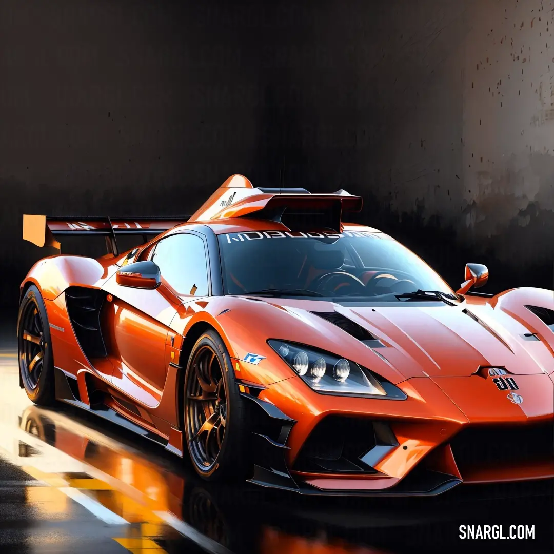 A stunning red sports car speeds down a rain-slicked road, its bright Tangelo color standing out against a dark, moody backdrop. The wet surface reflects the intensity of the car’s motion as droplets of water splash from its tires.