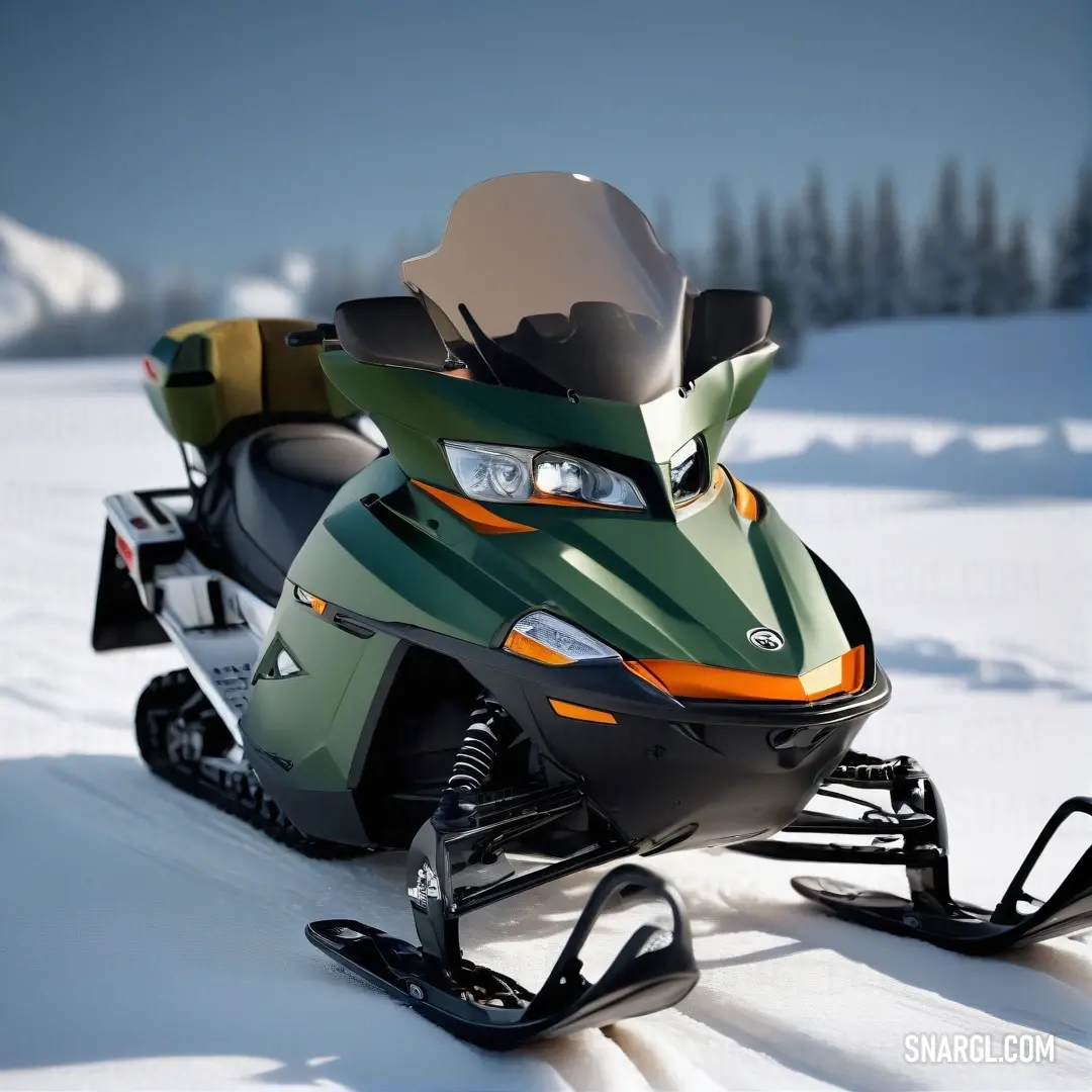 A powerful snowmobile, complete with a protective helmet, is parked resolutely in a winter landscape, surrounded by snow-covered trees and a clear blue sky, evoking a sense of adventure and freedom in the great outdoors.