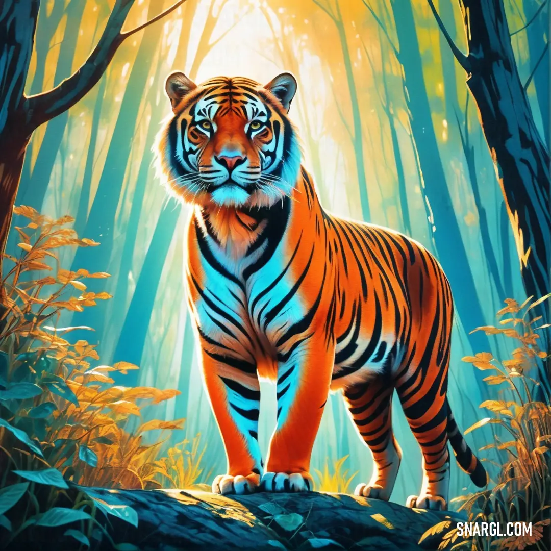 A powerful tiger stands boldly in the heart of a dense forest, amidst tall grass and towering trees. Its striking presence commands attention, showcasing nature's raw beauty and untamed spirit.