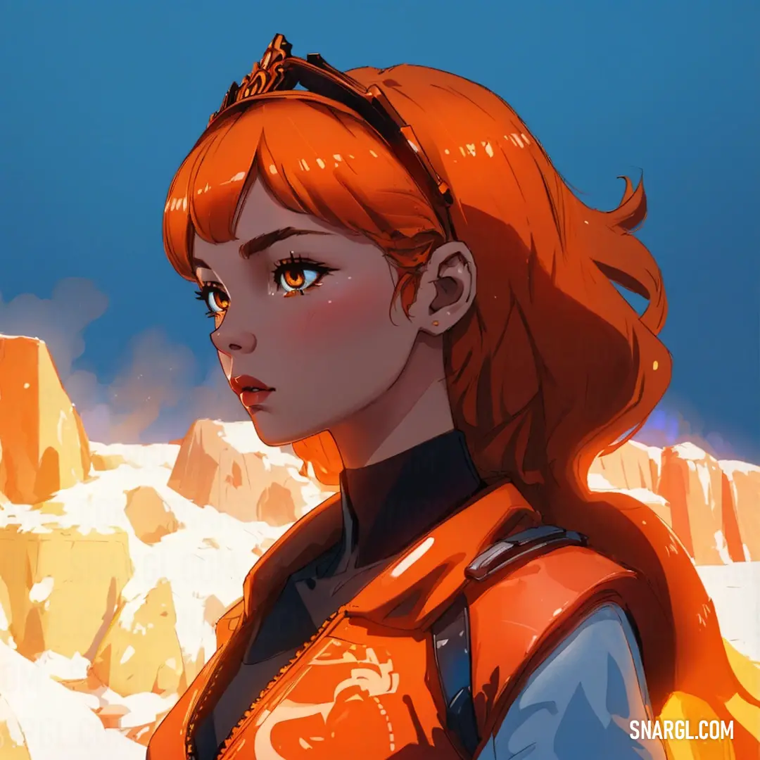 A woman with fiery red hair stands confidently in front of a snowy mountain range, her crown glinting in the light. The scene is dominated by the rich tangelo color, from her vibrant hair to the landscape surrounding her, creating a striking visual contra