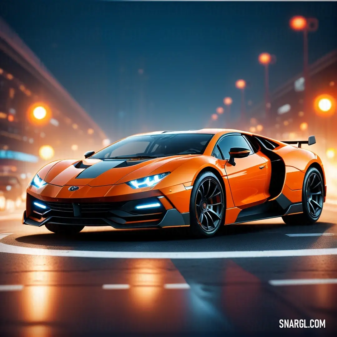 Very nice looking orange sports car on a city street at night time with lights on the street and a blurry background