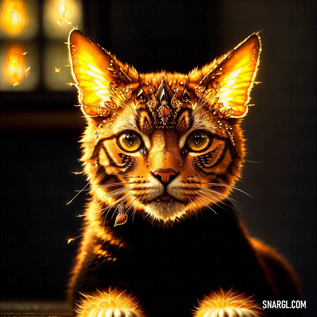 Cat with a glowing face and a collar on a table with a window in the background and a light shining on the cat
