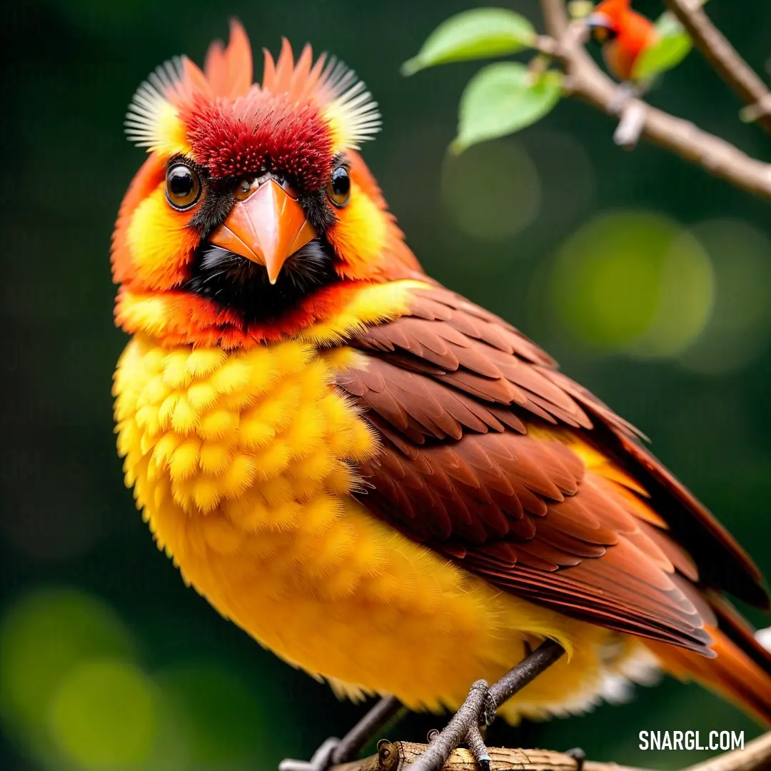 Colorful bird with a red head and yellow feathers on a branch with leaves and a blurry background