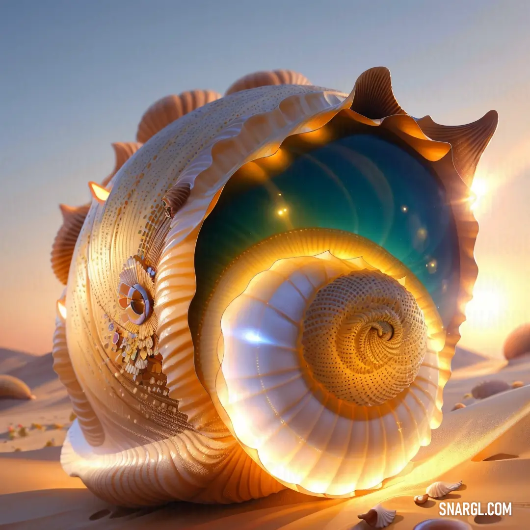 Large shell with a bright light shining on it's side in the sand dunes of a beach