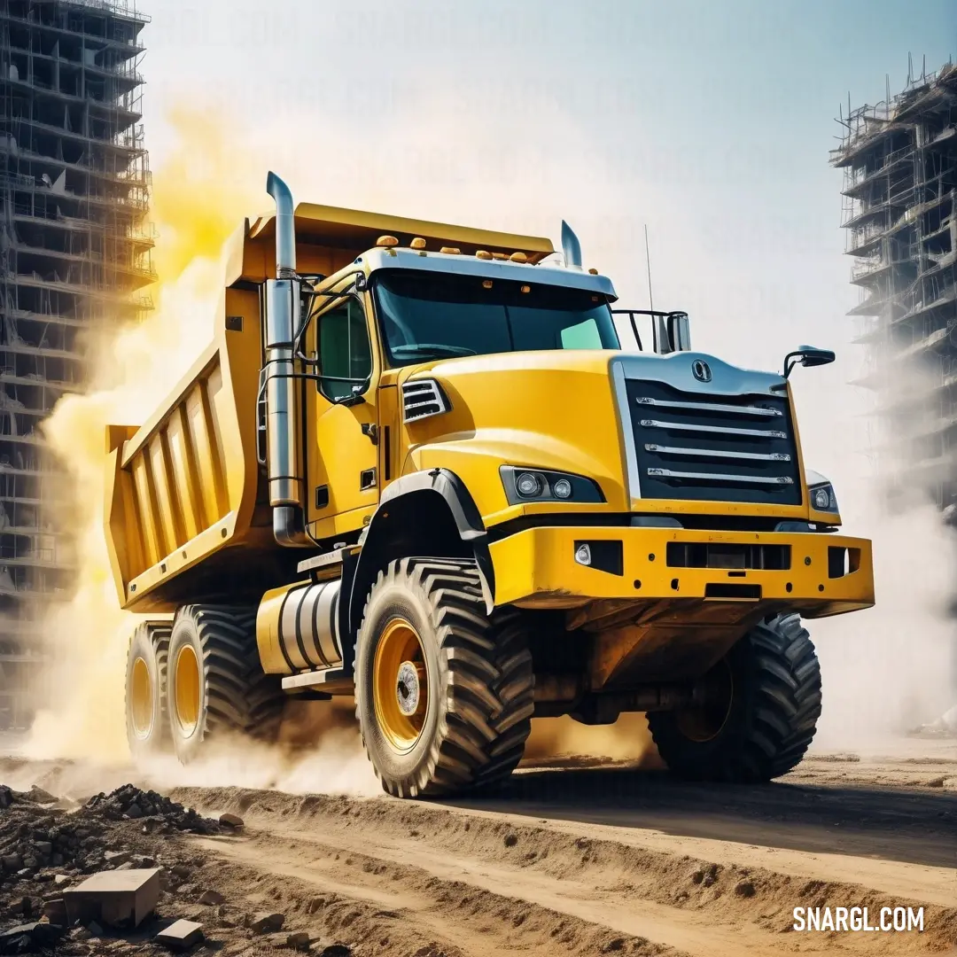 Large yellow dump truck driving down a dirt road next to a building under construction with a sky background. Color RGB 255,204,0.