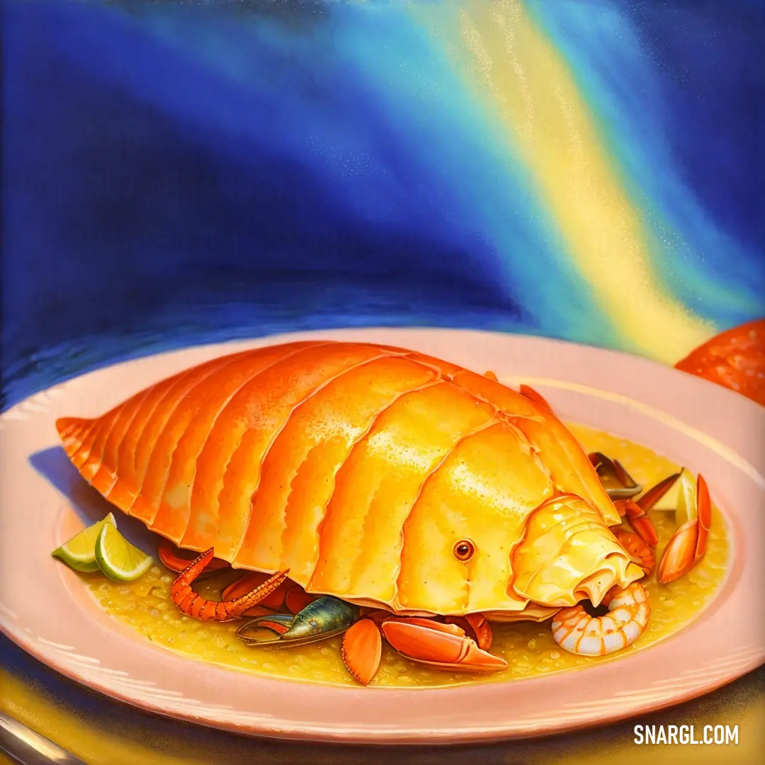 Painting of a fish on a plate with a rainbow in the background