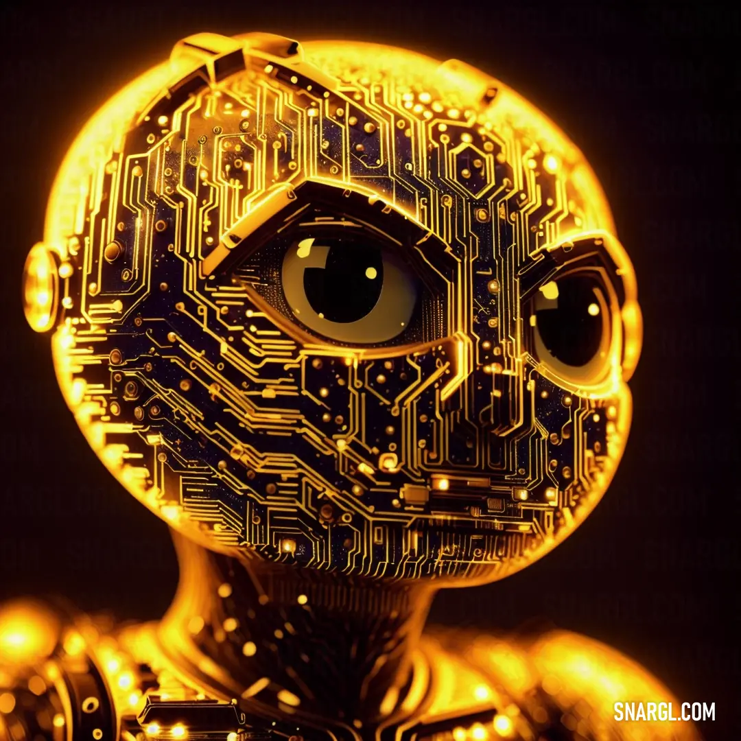 Robot with a circuit board pattern on its face and eyes