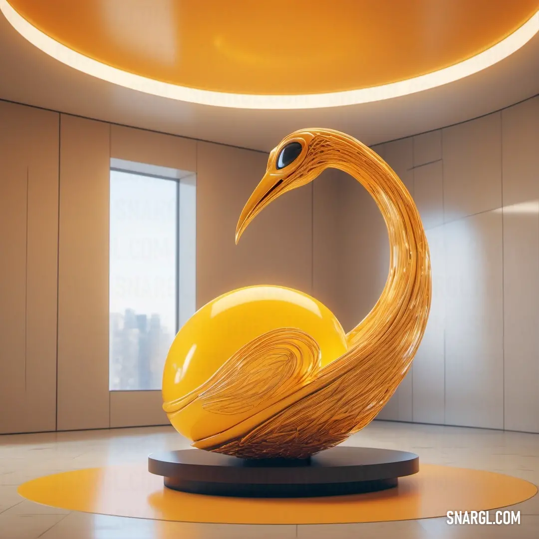 Sculpture of a bird with a yellow ball in its beak and a large window behind it in a room with a circular light