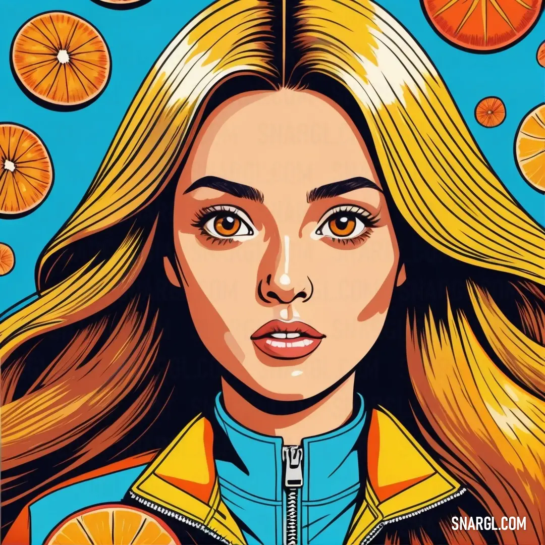 Woman with long hair and orange slices around her head, in a pop art style, with a blue background. Color RGB 255,204,0.
