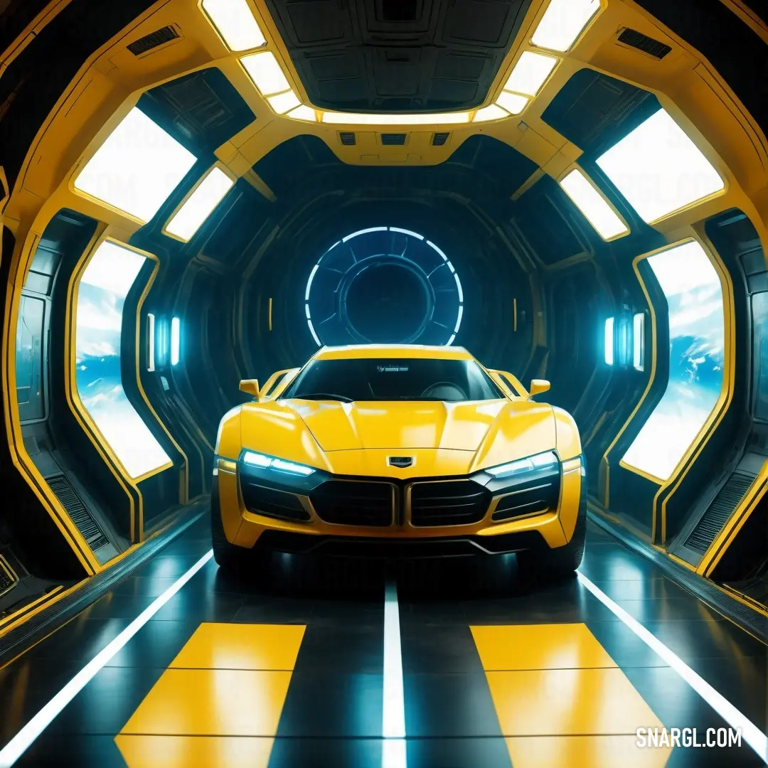 Yellow sports car is in a tunnel with bright lights on the floor and a black. Color #FFCC00.