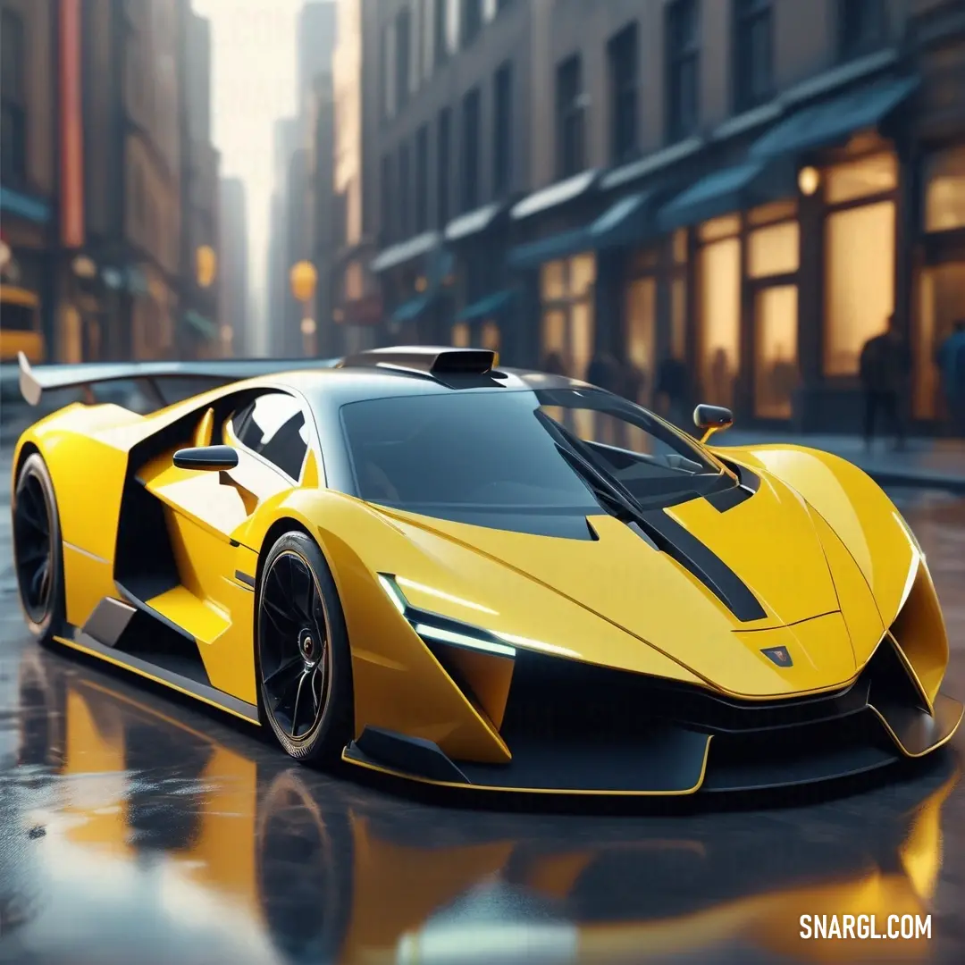 Yellow sports car parked on a wet street in the city at night time with people walking by and a building in the background