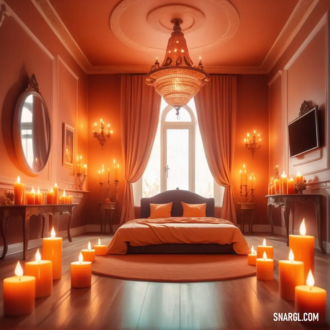 Tangerine color. Bedroom with a bed and many lit candles in it and a tv on the wall above it and a large window