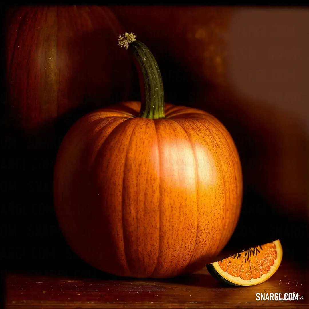 Close up of a sliced orange and a pumpkin on a table with a dark background