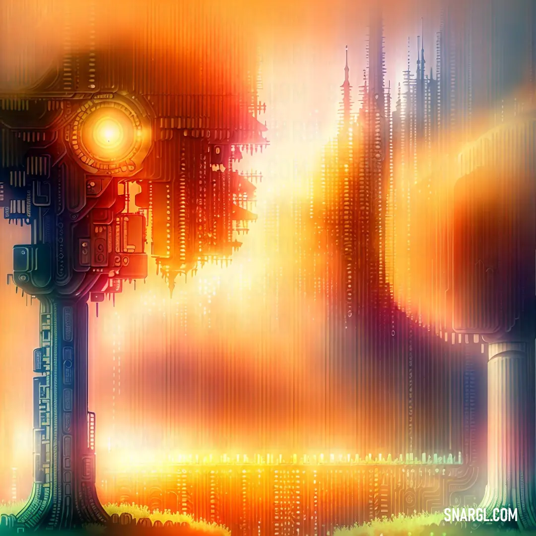 Digital painting of a clock tower in a city with a sunset in the background