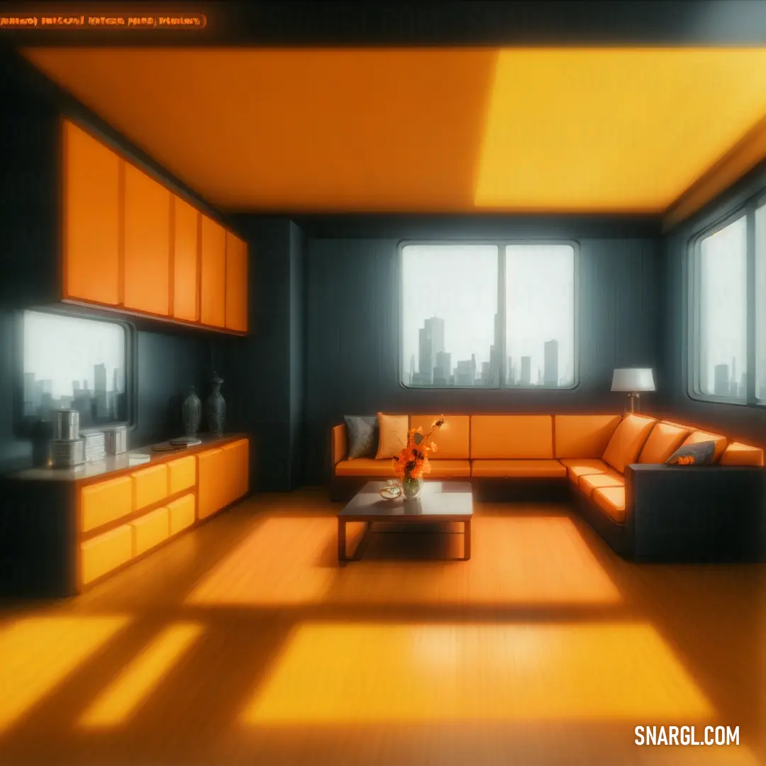 Living room with orange and brown furniture and a large window with a picture on it's wall. Color #F28500.