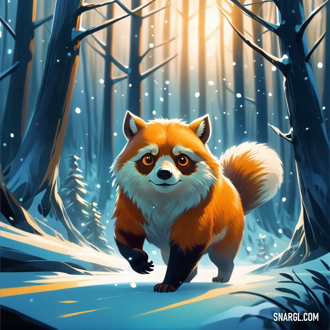 Red fox is walking through a snowy forest with trees and snowflakes on the ground