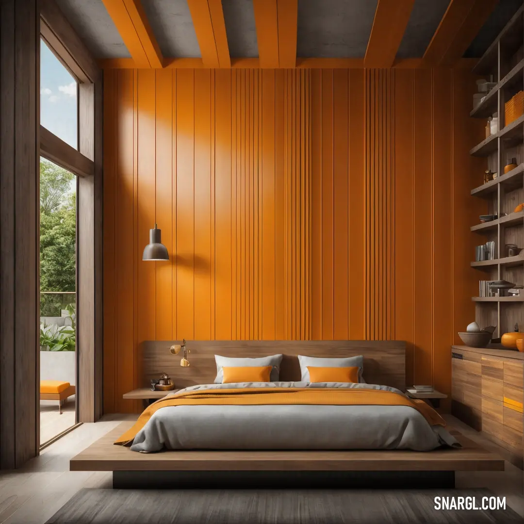 Bedroom with a bed and a book shelf in it and a window to the outside of the room. Color #F28500.