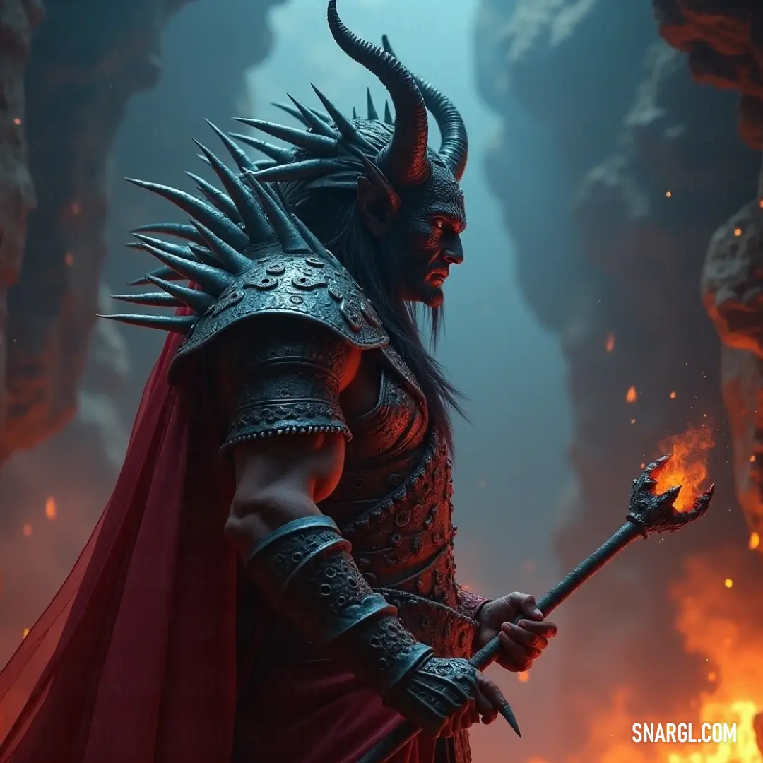 Tanin'iver, wielding a fiery stick, confronts the darkness in a cave, with flames casting a warm glow that dances along the rocky walls, illuminating the fierce warrior's resolve. Tanin'iver, in a striking horned outfit, fiercely brandishes a flame stick in a shadowy cave. The cave walls flicker with the radiant glow of flames, creating a dramatic interplay of light and shadows, hinting at the dangers lurking within.