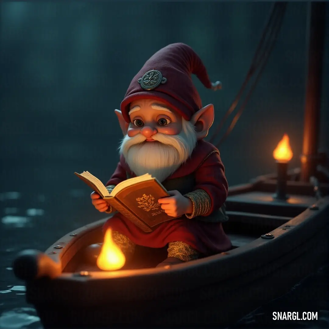 Cartoon gnome in a boat reading a book, surrounded by lit candles in the peaceful water at night A friendly cartoon gnome is seated in a small boat, leisurely reading a book while soft candlelight flickers in the water around him. The calmness of the night is palpable as the boat drifts under a starry sky, adding magic to the serene moment.