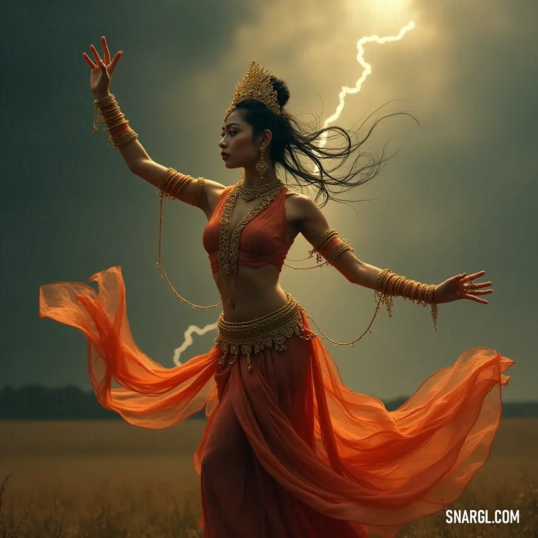 A spirited dancer in a striking red dress whirls in a picturesque field, her movements perfectly synchronized with nature's electrifying backdrop. A joyful woman in a flowing red dress twirls gracefully in a sprawling green field, with a dramatic lightning bolt striking in the distance, capturing the spirit of freedom and nature's raw beauty in a dazzling moment.