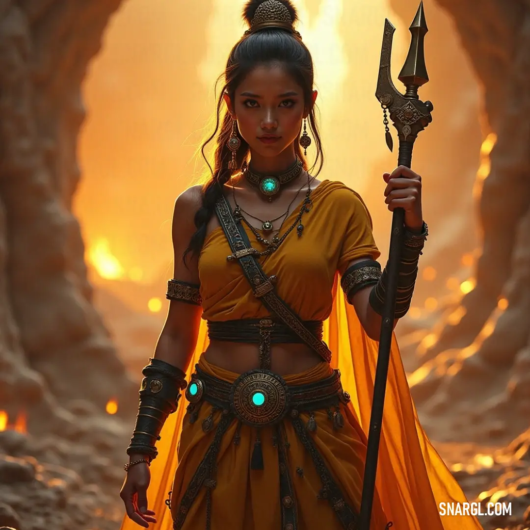 Tao Ren, in her striking yellow dress and wielding a spear, channels her inner strength and courage, beckoning viewers to witness her journey through a vibrant realm of exploration. A young woman named Tao Ren radiates energy and determination as she wields a spear while dressed in a vibrant yellow gown. With a green light emanating from her hand, she stands against a backdrop of adventure, inviting viewers into her world.