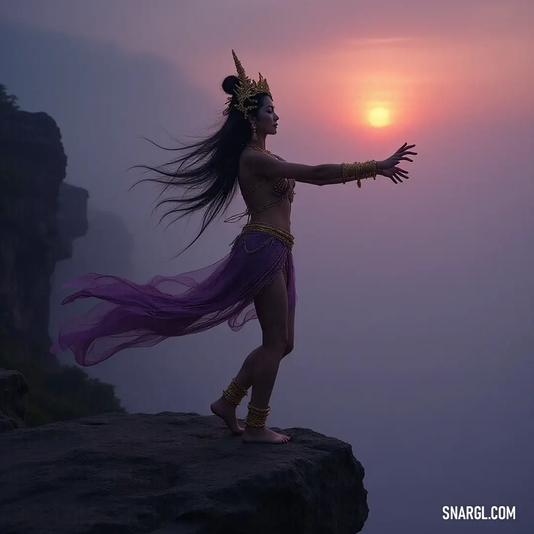 A woman in a vibrant purple dress confidently spreads her arms on a cliff, embracing the breathtaking sunset around her. A woman in a stunning purple dress stands confidently on a high cliff, her arms outstretched in a display of freedom as the sun sets dramatically in the backdrop.