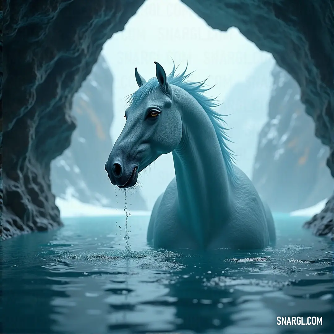 The horse stands confidently in the water, with the cave's entrance behind it, a silent guardian of nature's serene beauty. A majestic horse stands at the edge of a cave's entrance, its reflection rippling in the water. The natural beauty of the scene is heightened by the cave's entrance, offering a glimpse into a mysterious world beyond.