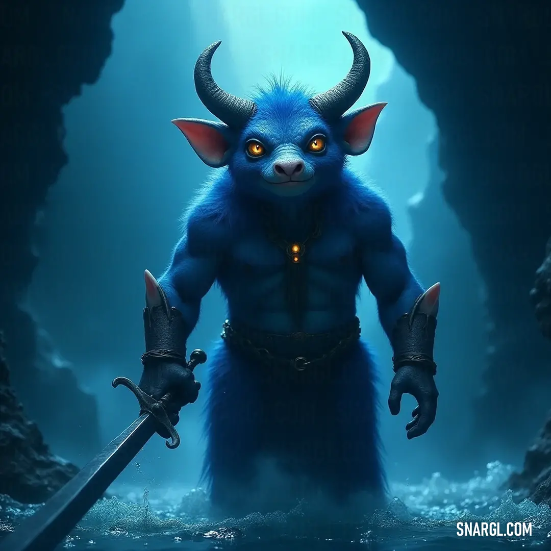 The blue Tarek, with its intricate horns and shining sword, stands in a dim cave, illuminated by a captivating light that enhances its heroic features and majestic aura. A valiant blue Tarek with prominent horns stands in a mystical cave, clutching a sword with a radiant light shining across its powerful features, blending magic and strength.